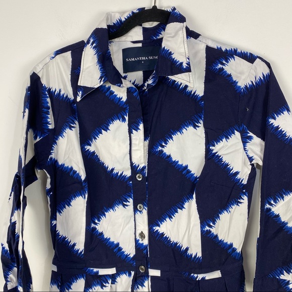 Samantha Sung Blue and White Abstract Collared Button Front Dress - Picture 3 of 5